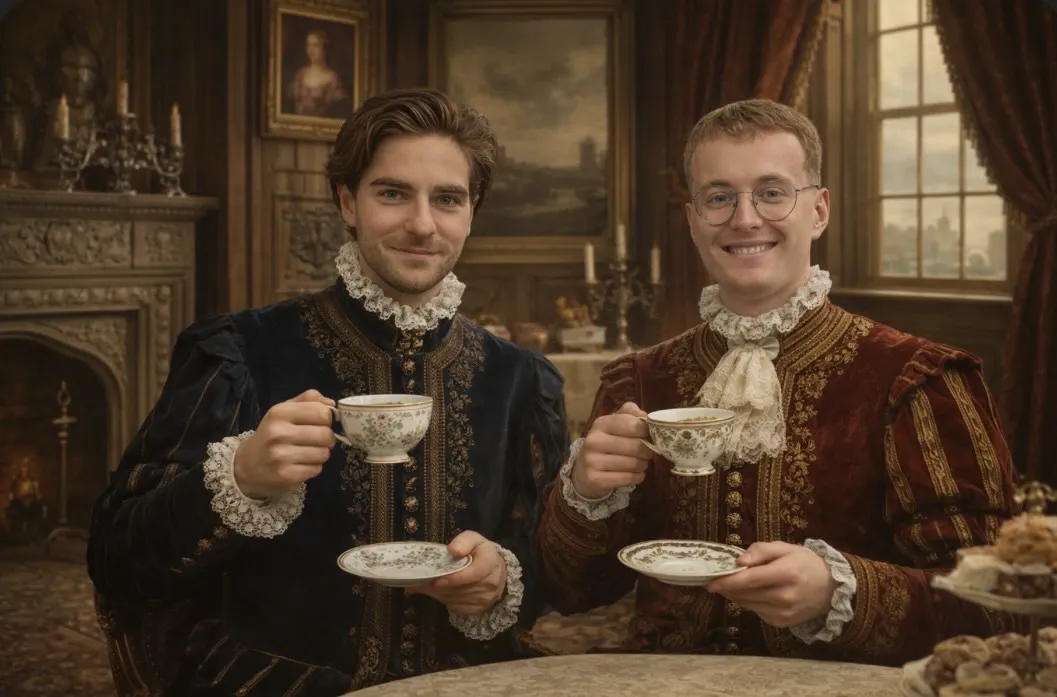 Joe and Kris in Tudor court attire, holding teacups